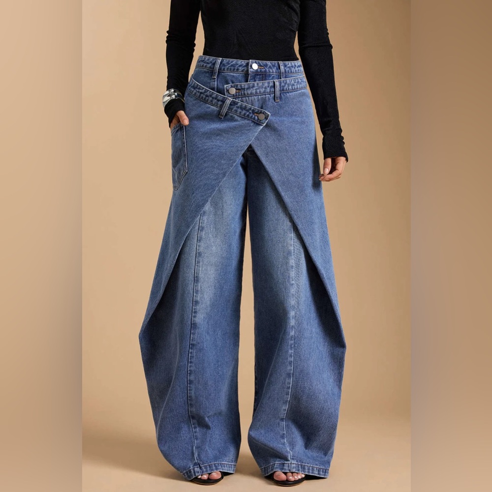 High-Rise Blue Crossover Wide-Leg Jeans - Picture 3 of 6